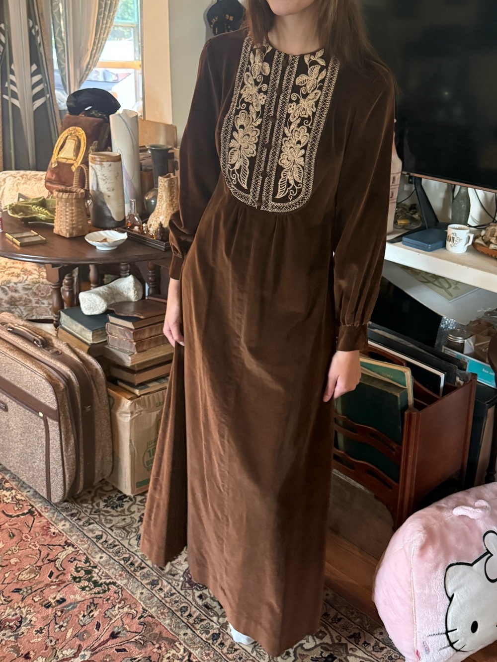 1970’s Rag Doll San Francisco Brown Velvet Embroidered Long Sleeve Maxi Dress